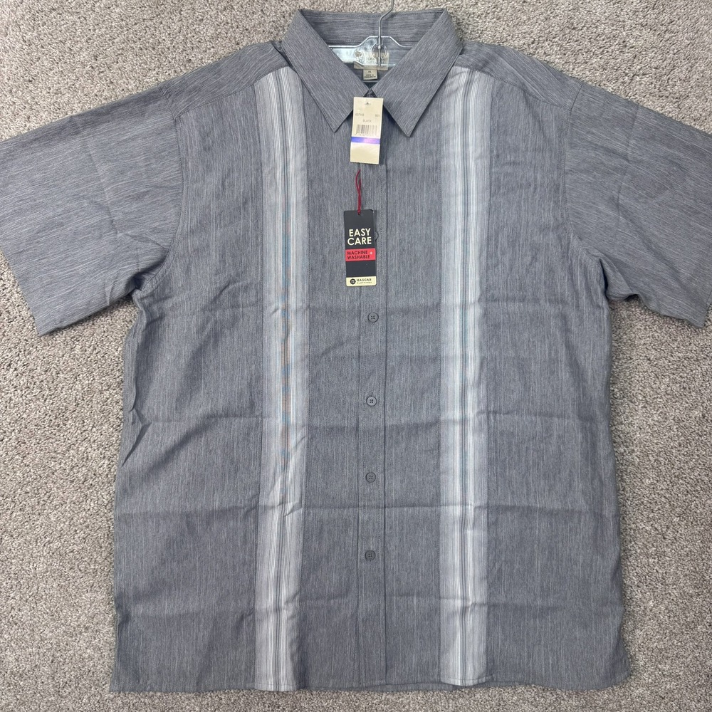 Haggar Shirt Mens XL Easy Care Grey Vertical Stripe Short Sleeve Button Down NEW
